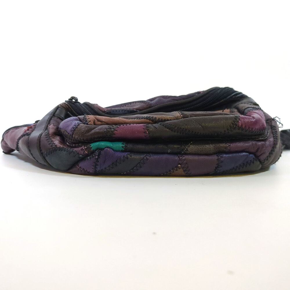 VTG Leather Patchwork Fanny Pack Brown Purple Blue Tan Belt Bag 9 x 5.5 x 3" 80s - Picture 6 of 10
